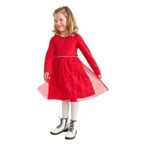 Hanna Andersson Shimmer Star Tulle Holiday Dress Red Long Sleeve Festive 6-7 - Picture 1 of 8